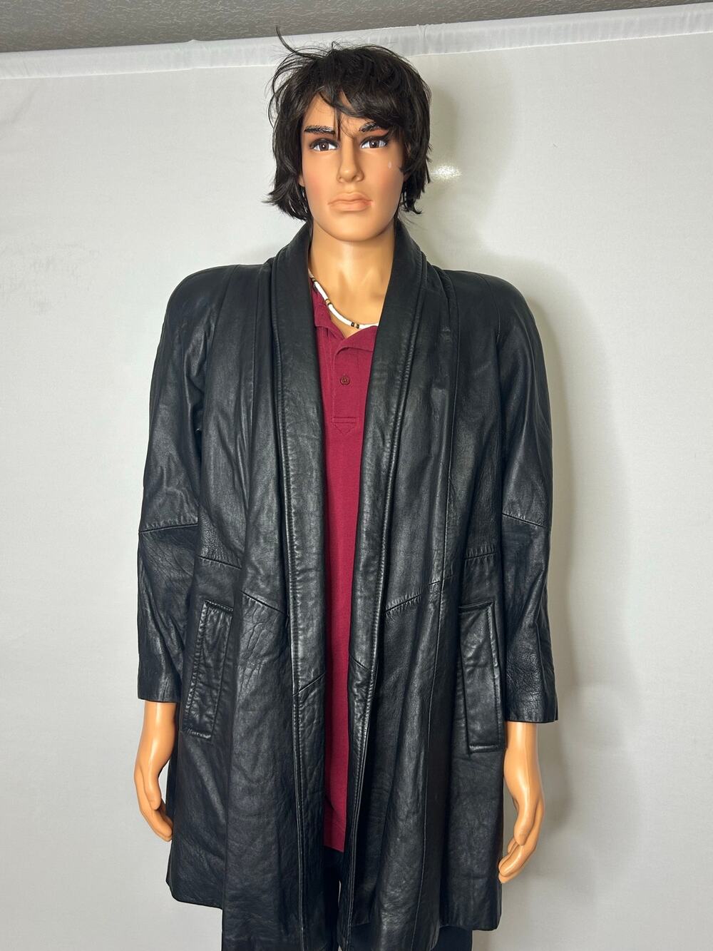 Vintage 1980s Express International Black Genuine Leather Long Coat M
